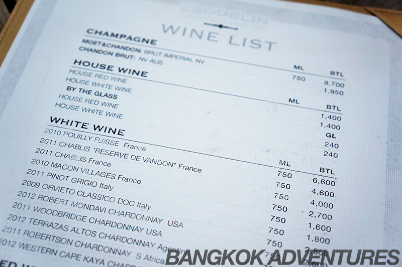 Wine list at Zeppelin Sky Bar Sukhumvit 69