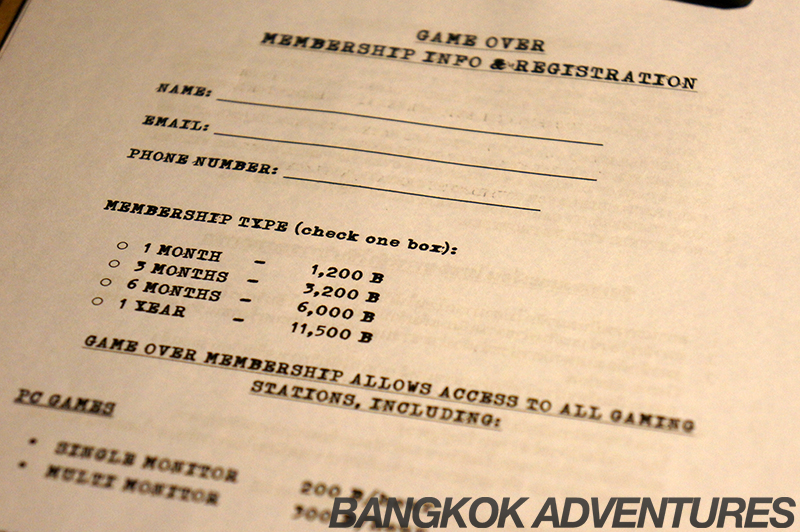 Membership prices at the Game Over Lounge, Bangkok